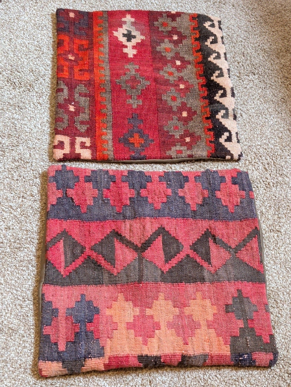 2 Handwoven Kilim Pillow Covers - Rustic Red & Charcoal Geo